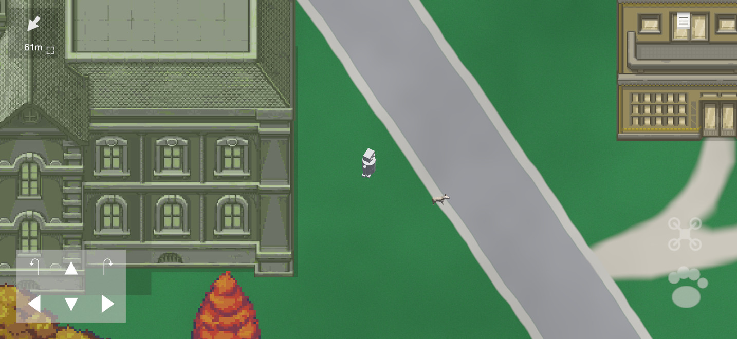 A town street seen from above. ARC9, a small white robot, stands on the grass beside a
              road; a stray dog trots along the kerb a little way off, keeping its distance. A large
              green Victorian house with a mansard roof fills the left of the frame, and autumn trees
              show at the bottom edge.
